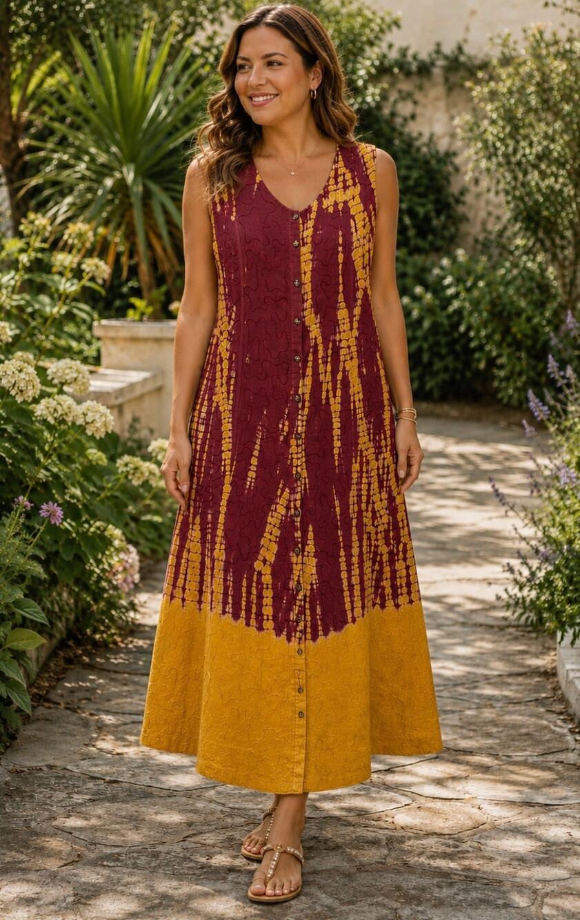 Batik Tie Dye Long Midi/Maxi Dress Women's Size XL Wine Burgundy Mustard Yellow
